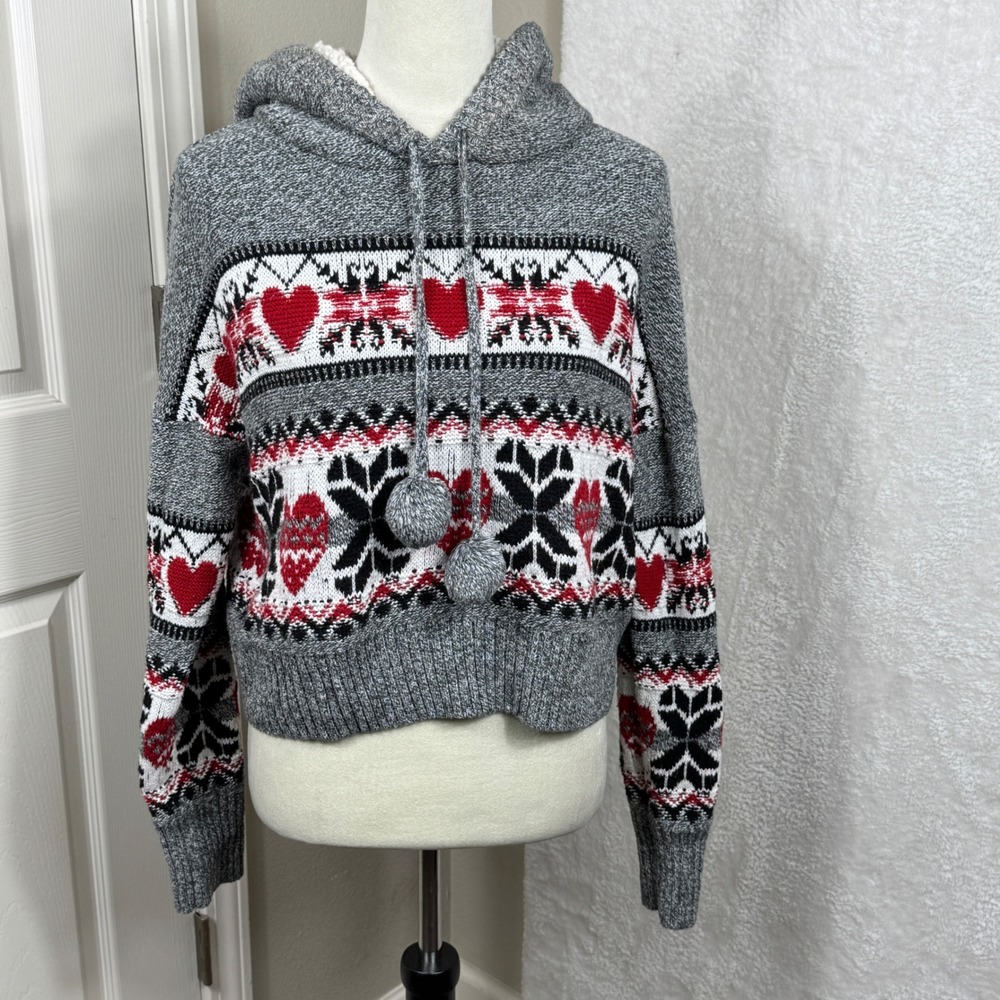 Yes Lola Women L Gray Red Heart Nordic Fair Isle Knit Hoodie Pom Pom‎ Drawstring